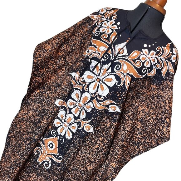 Handmade Navy & Peach Batik Kaftan Dress With Floral Patterns & Tie Neckline S - Picture 3 of 8